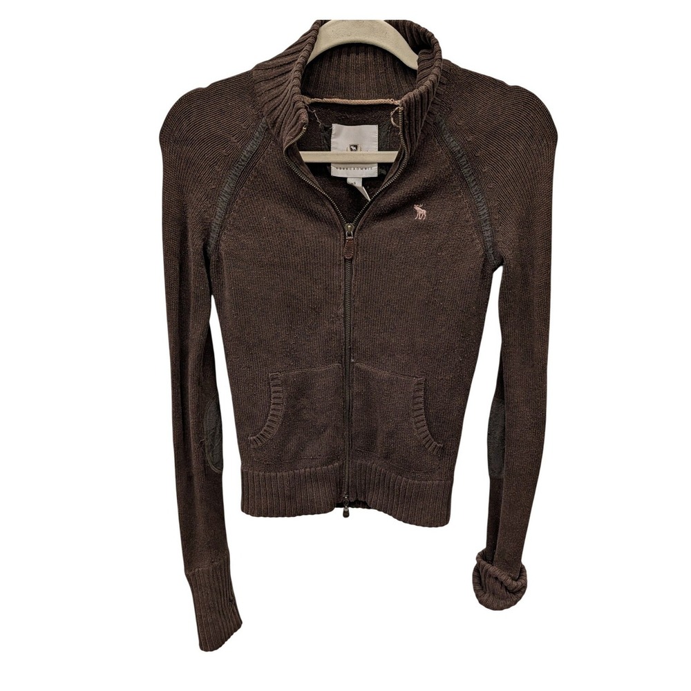 Vintage Abercrombie & Fitch Y2K Brown Full Zip Sweater Elbow Patches- Small